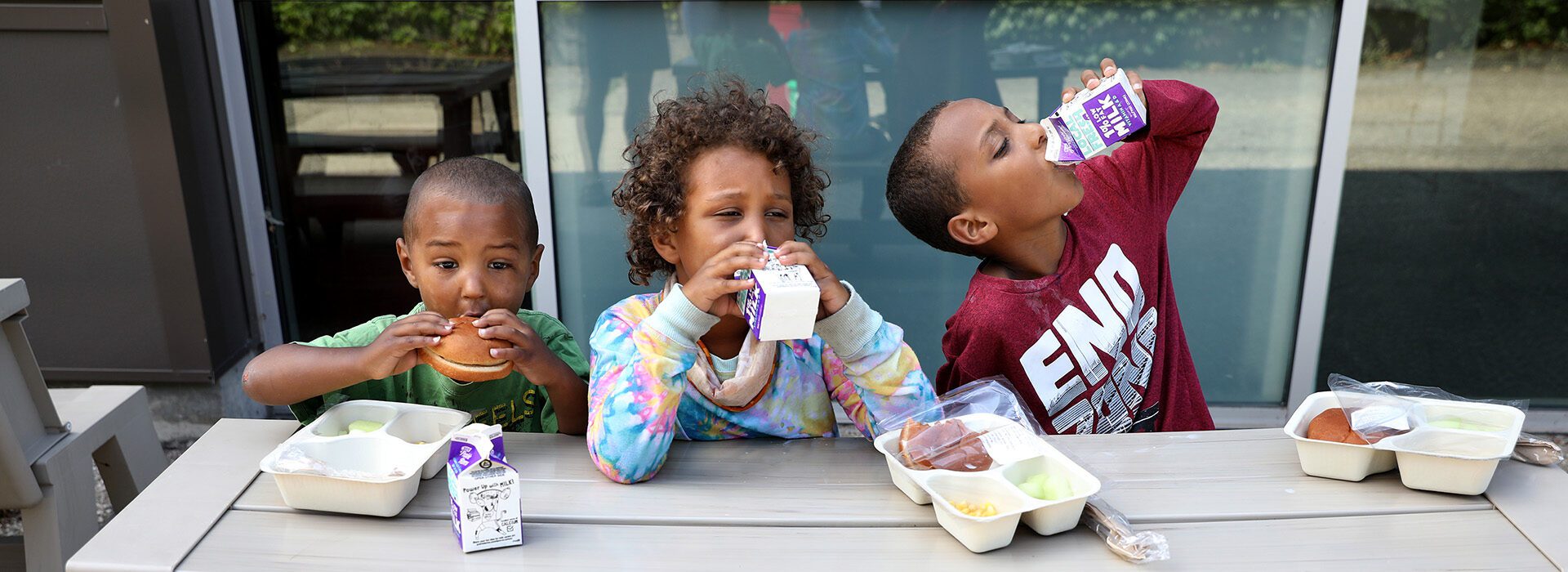 Three children seated at a picnic table enjoying their lunch.