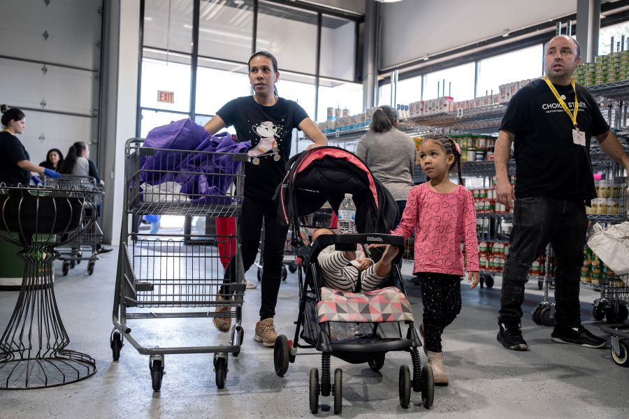 A woman and two children walk with a shopping cart.