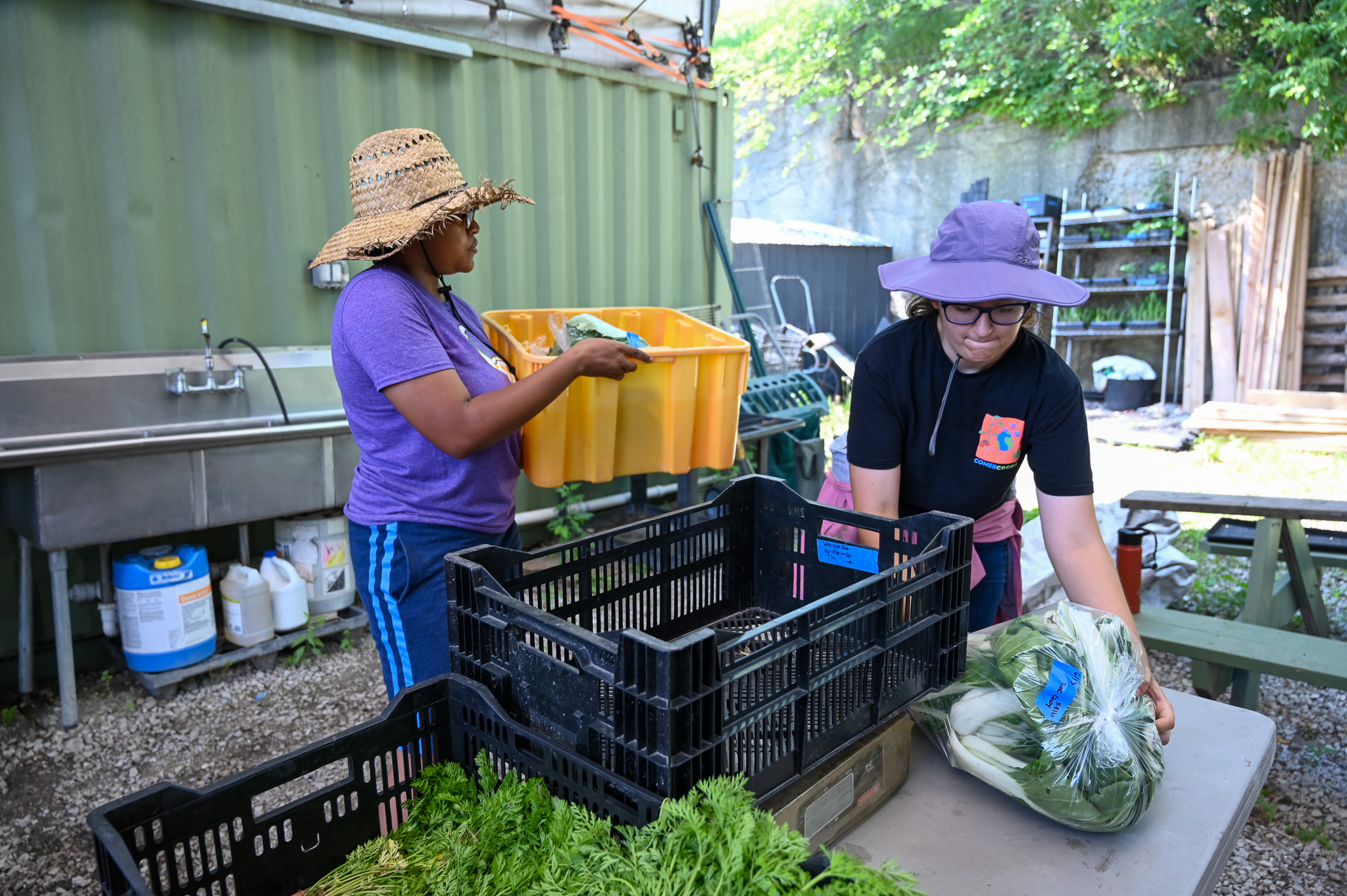 Dos mujeres empacan bolsas de productos
